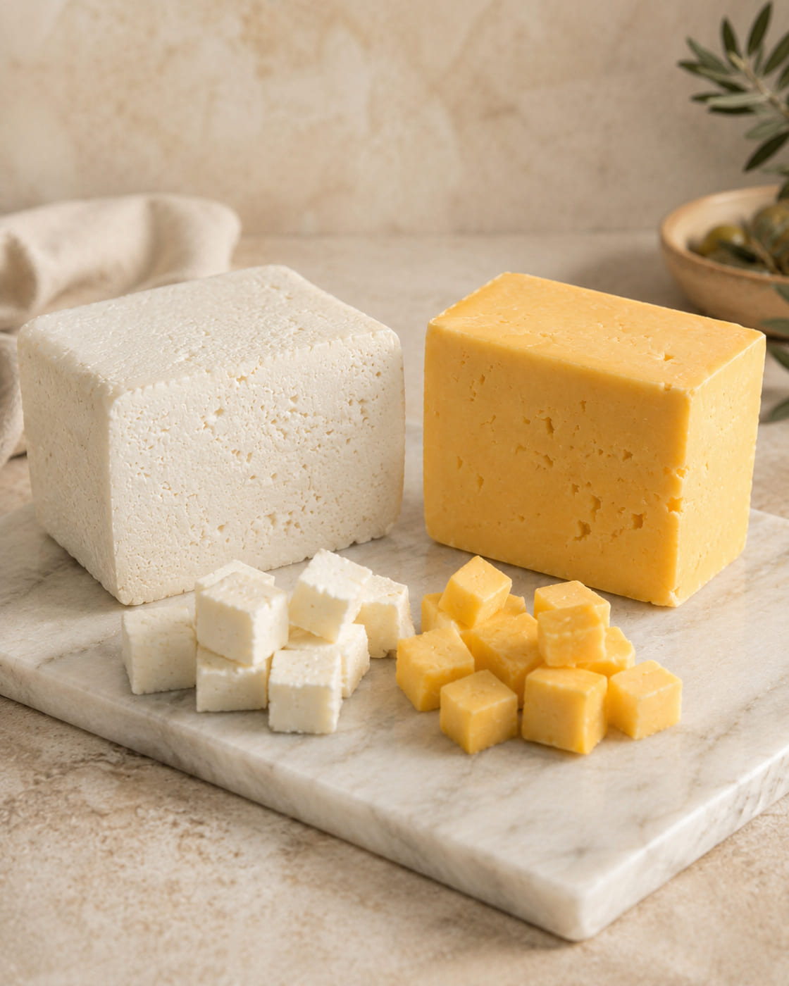 Queso de cabra y queso mantecoso sobre una tabla de madera